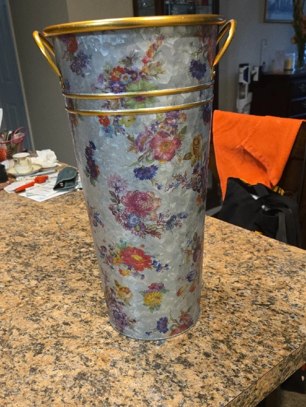MacKenzie-Childs Floral Metal Umbrella Vase with Gold Trim